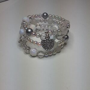 Silver Multi-Strand Bracelet with Beads and Heart Charm